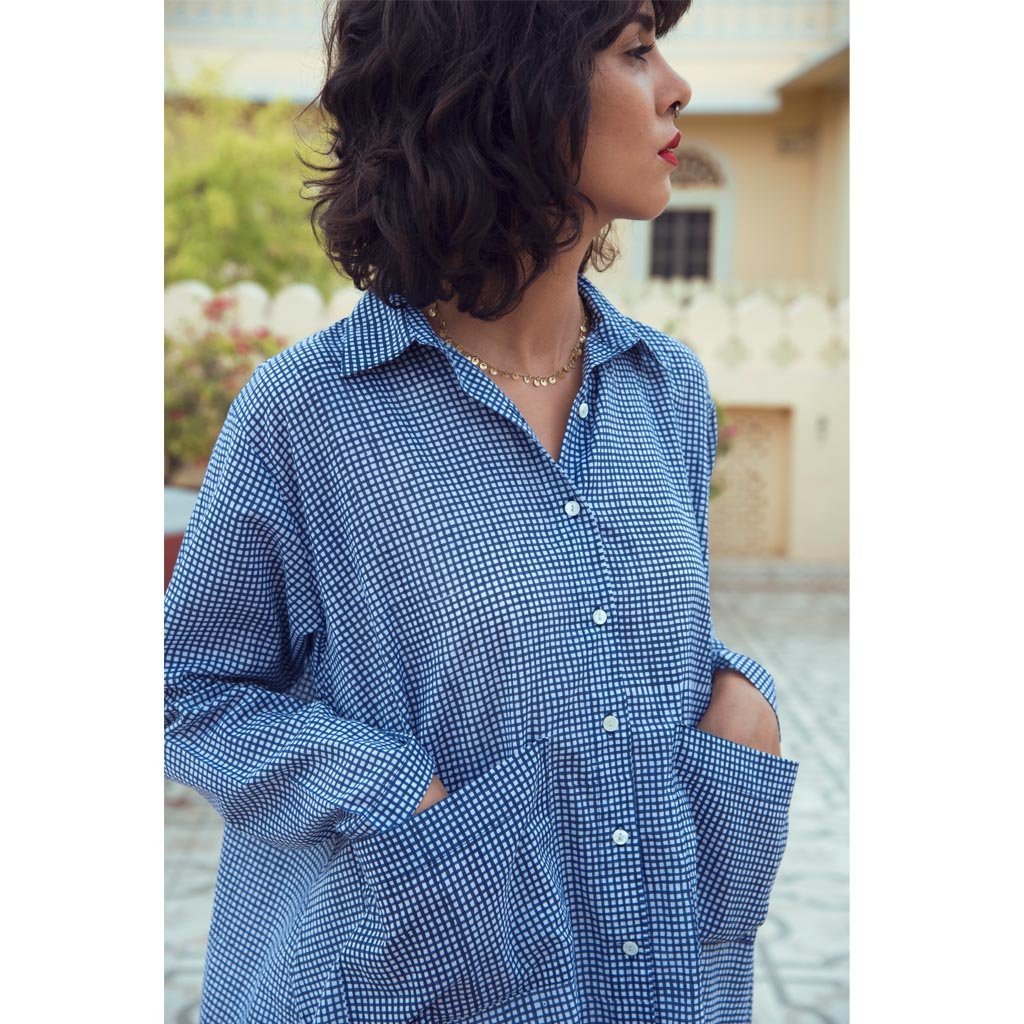 INDIGO GINGHAM OVERSIZED SHIRT (Shirt-White & Indigo) - Tokree Shop Jaipur