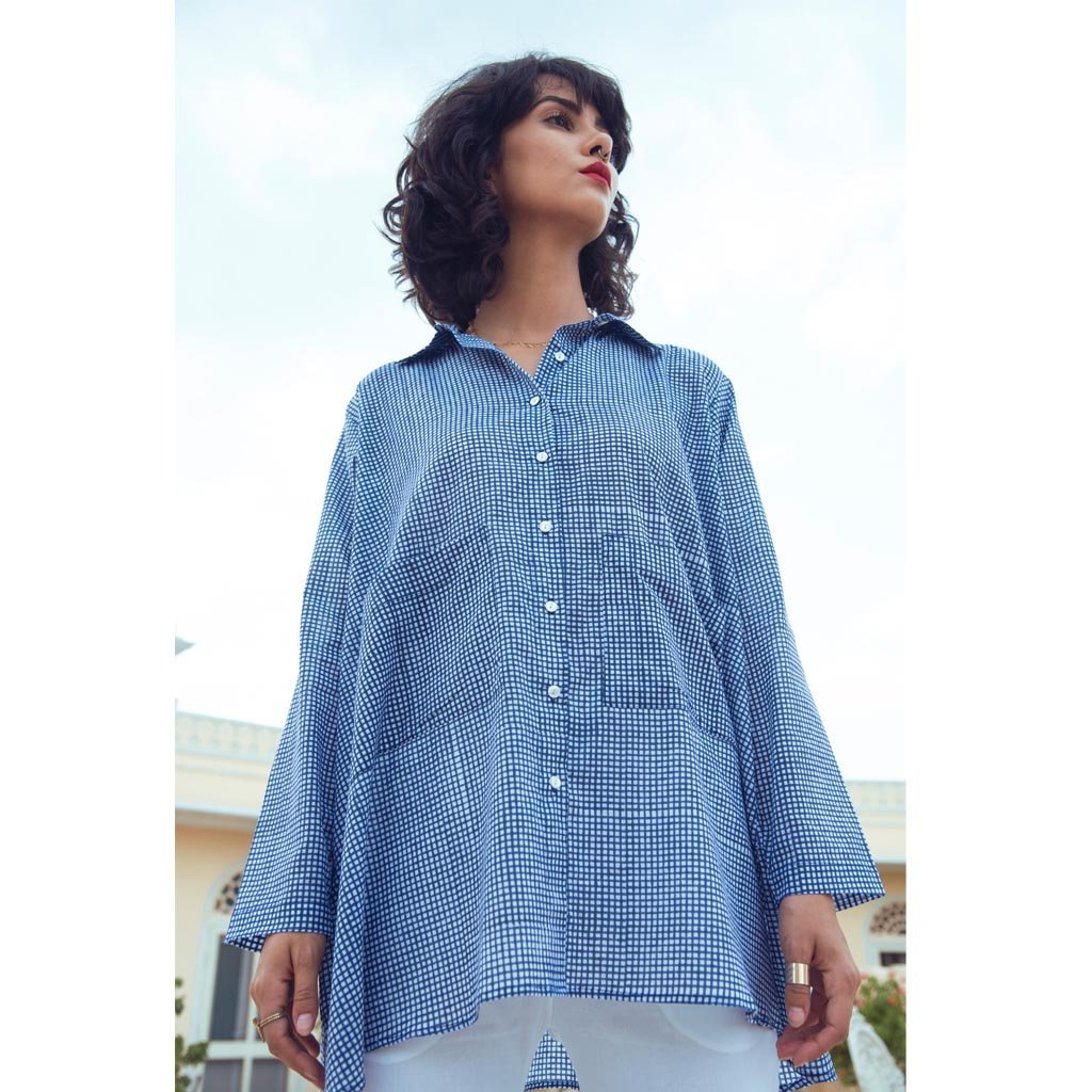 INDIGO GINGHAM OVERSIZED SHIRT (Shirt-White & Indigo) - Tokree Shop Jaipur