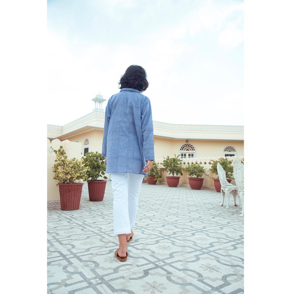 INDIGO GINGHAM OVERSIZED SHIRT (Shirt-White & Indigo) - Tokree Shop Jaipur