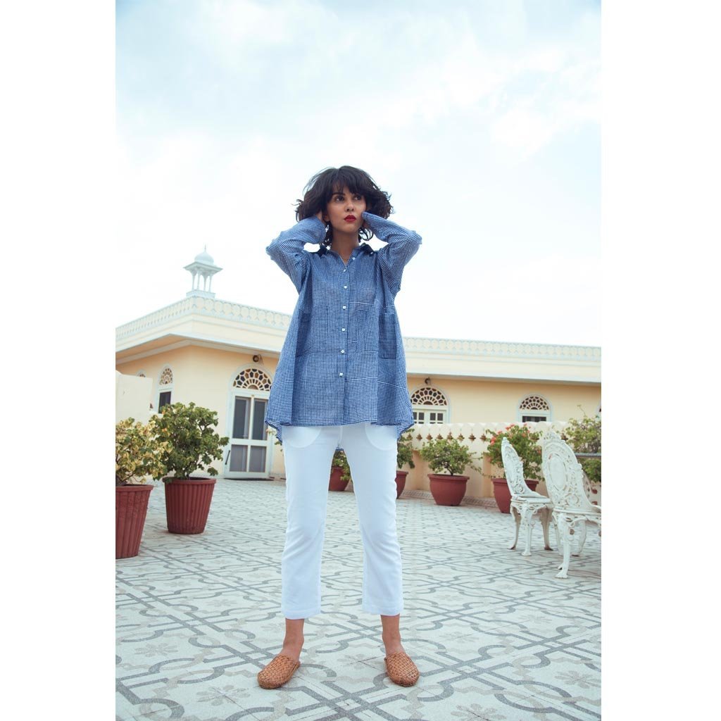 INDIGO GINGHAM OVERSIZED SHIRT (Shirt-White & Indigo) - Tokree Shop Jaipur