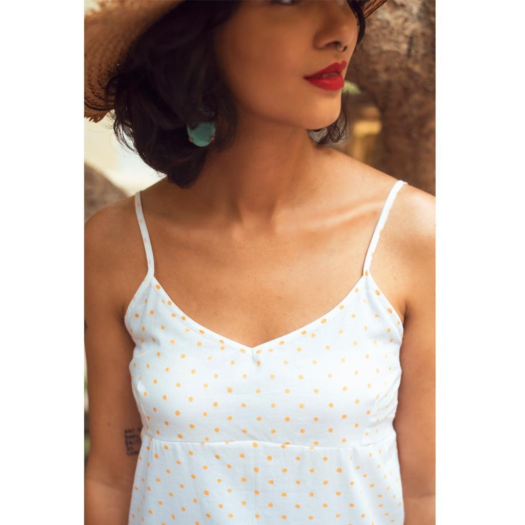 MANGUE POLKA SLIP DRESS (Dress-White & Mangue) - Tokree Shop Jaipur