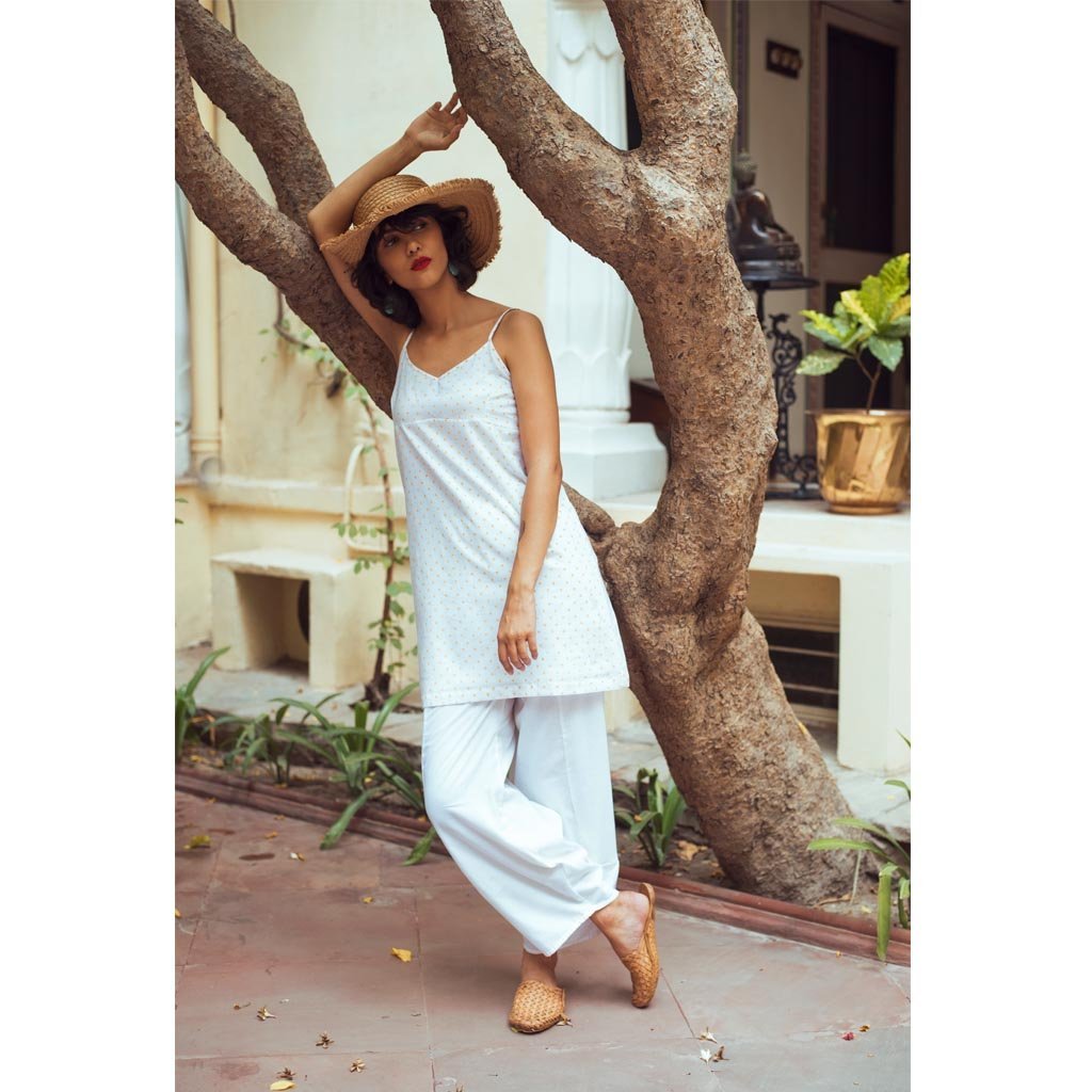 MANGUE POLKA SLIP DRESS (Dress-White & Mangue) - Tokree Shop Jaipur