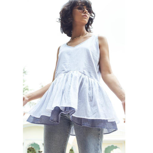 WHITE DROP WAIST TOP (Shirt-White & Indigo) - Tokree Shop Jaipur