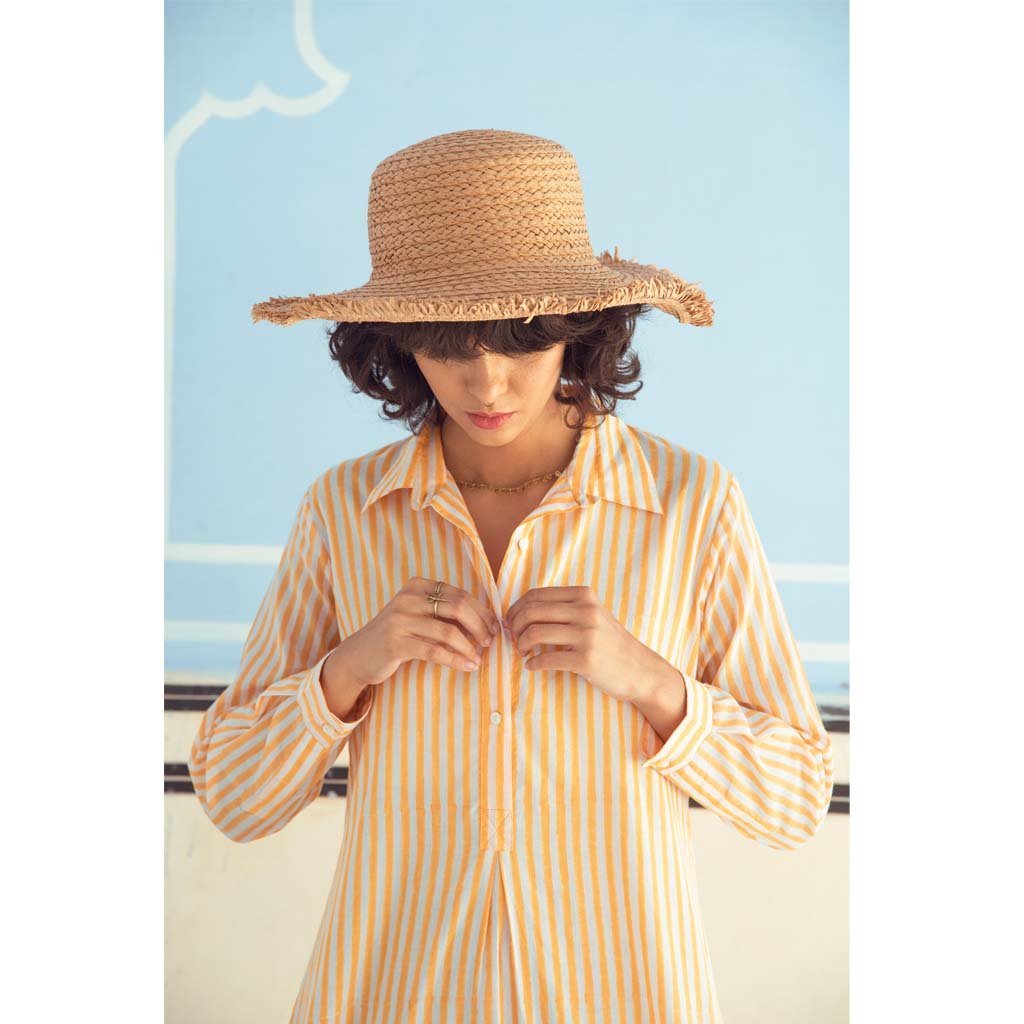 MANGUE PINSTRIPE SHIFT DRESS (Dress-White & Mangue) - Tokree Shop Jaipur