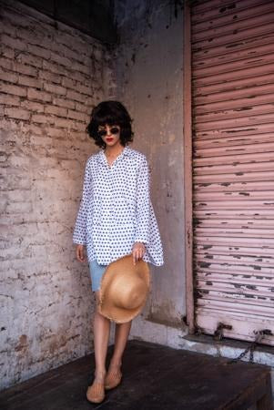 OVERSIZED INDIGO SPLOTCH OVERSIZED SHIRT (Shirt-White & Indigo) - Tokree Shop Jaipur