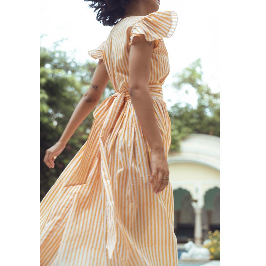 MANGUE STRIPE SUNDRESS (Dress-White & Orange) - Tokree Shop Jaipur