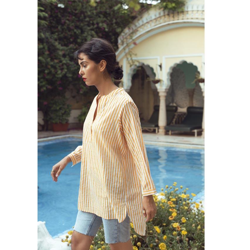 MANGUE STRIPE KURTA SHIRT (Shirt-White & Mangue) - Tokree Shop Jaipur