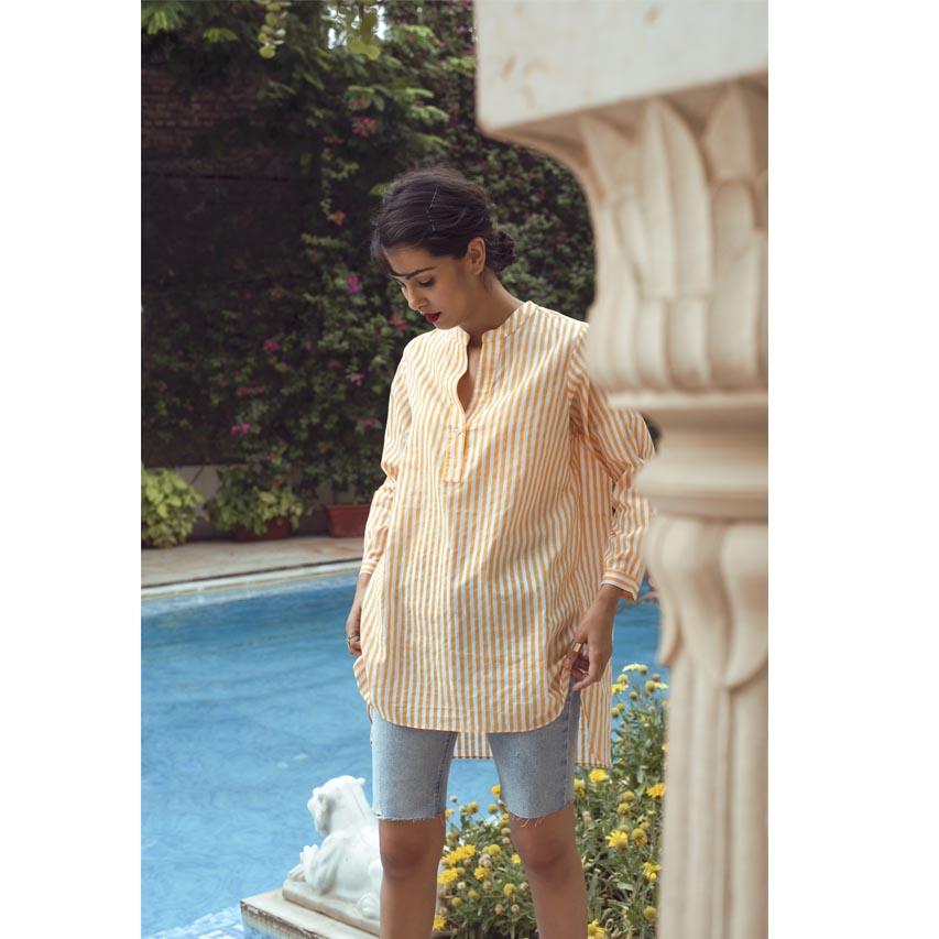 MANGUE STRIPE KURTA SHIRT (Shirt-White & Mangue) - Tokree Shop Jaipur