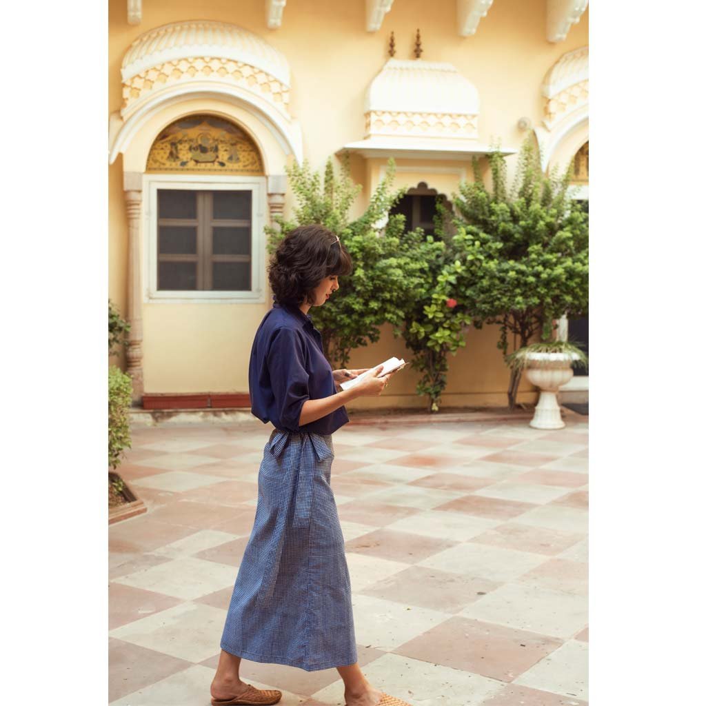 INDIGO GINGHAM WRAP SKIRT (Skirt-White & Indigo) - Tokree Shop Jaipur